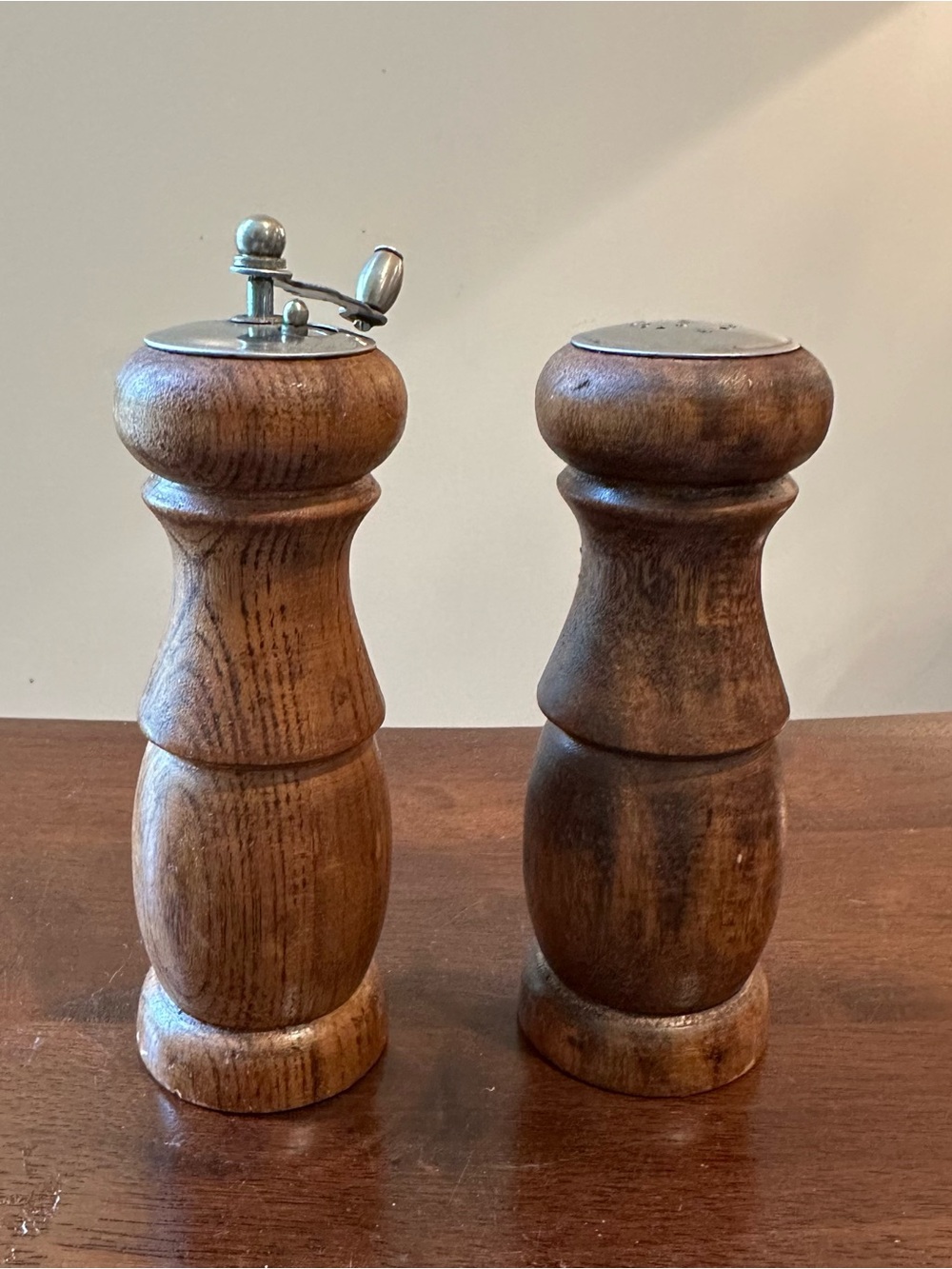 Vintage Salt shaker and pepper grinder • set of 2 • wood and stainless steel